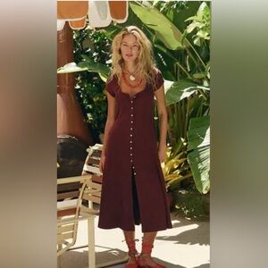 Free People Magnolia Midi Dress Scoop Neck Burgundy Button Front Small
